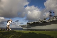 Sculpture Unconditional Surrender with USS Midway aircraft carrier, San Diego, California, USA Fine Art Print