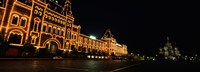 Facade of a building lit up at night, GUM, Red Square, Moscow, Russia Fine Art Print