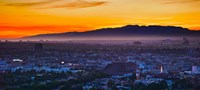 Buildings in a city with mountain range in the background, Santa Monica Mountains, Los Angeles, California, USA Fine Art Print