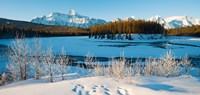 Frozen river with mountain range in the background, Mt Fryatt, Athabaska River, Jasper National Park, Alberta, Canada Fine Art Print