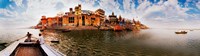 Buildings at riverbank viewed from a boat, Ganges River, Varanasi, Uttar Pradesh, India Fine Art Print