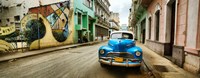 Old car and a mural on a street, Havana, Cuba Fine Art Print