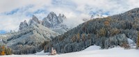 Little church at the snowy valley in winter, St Johann Church, Val di Funes, Dolomites, Italy Fine Art Print