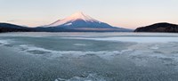 Yamanaka Lake covered with ice and Mt Fuji in the background, Yamanakako, Yamanashi Prefecture, Japan Fine Art Print
