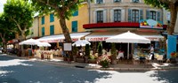 Restaurants during lunch hour along the Rue Du Marche, Riez, Alpes-de-Haute-Provence, Provence-Alpes-Cote d'Azur, France Fine Art Print