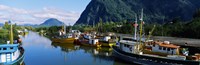 Boats docked at a harbor, Puerto Aisen, AISEN Region, Patagonia, Chile Fine Art Print