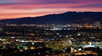 High angle view of a city at dusk, Culver City, West Los Angeles, Santa Monica Mountains, Los Angeles County, California, USA Fine Art Print