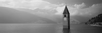 Clock tower in a lake, Reschensee, Italy (black and white) Fine Art Print