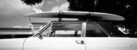 California, Surf board on roof of car (black and white) Fine Art Print