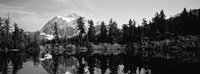 Reflection of trees and mountains in a lake, Mount Shuksan, North Cascades National Park, Washington State (black and white) Fine Art Print