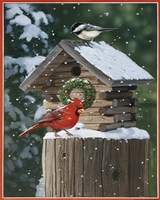 Cardinal / Chickadee In Snow Fine Art Print