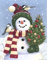 Snowman Holding A Christmas Tree Fine Art Print