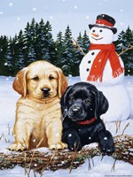 Lab Puppies With Snowman Fine Art Print