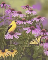 Butterfly & Finch Amongst Flowers Fine Art Print