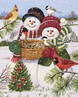Snow Couple Feeding Birds Fine Art Print
