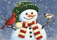 Snowman With Cardinal And Chickadee Fine Art Print