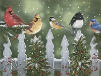 Winter Birds on a Snowy Fence Fine Art Print