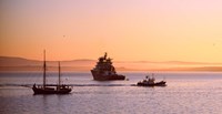 Tugboat with a trawler and a tall ship in the Baie de Douarnenez at sunrise, Finistere, Brittany, France Fine Art Print