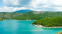 Lake with mountain in the background, Lake of Sainte-Croix, Var, Provence-Alpes-Cote d'Azur, France Fine Art Print