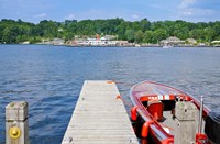 Motorboat moored at a pier, Gravenhurst Bay, Gravenhurst, Ontario, Canada Fine Art Print