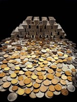 Stack of sliver ingots and pile of coins Fine Art Print
