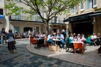 Tourists at sidewalk cafes, Lourmarin, Vaucluse, Provence-Alpes-Cote d'Azur, France Fine Art Print