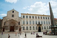 Tourists outside the Church of St. Trophime, Place de La Republique, Arles, Bouches-Du-Rhone, Provence-Alpes-Cote d'Azur, France Fine Art Print