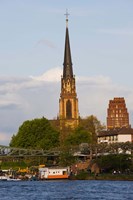 River with church in the background, Three Kings Church, Main River, Frankfurt, Hesse, Germany Fine Art Print