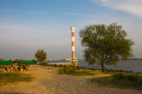 Small lighthouse at the riverside, Elbe River, Blankenese, Hamburg, Germany Fine Art Print