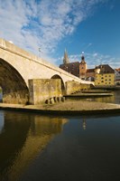 Bridge across the river, Steinerne Bridge, Danube River, Regensburg, Bavaria, Germany Fine Art Print
