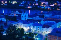High angle view of old town buildings at night, Passau, Bavaria, Germany Fine Art Print