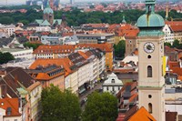 High angle view of buildings with a church in a city, Heiliggeistkirche, Munich, Bavaria, Germany Fine Art Print
