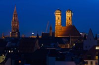 Town hall with a church at night, Munich Cathedral, New Town Hall, Munich, Bavaria, Germany Fine Art Print