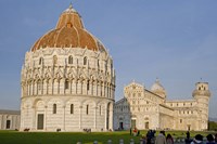 Tourists at baptistery with cathedral, Pisa Cathedral, Pisa Baptistry, Piazza Dei Miracoli, Pisa, Tuscany, Italy Fine Art Print