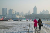 Couple walking on a frozen river, Songhua River, Harbin, Heilungkiang Province, China Fine Art Print