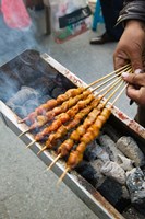 Grilled meat snack stand in a street market, Pudong, Shanghai, China Fine Art Print