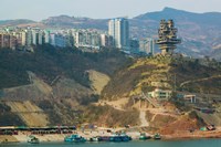 Boats at the port with a newly built town on Yangtze River, Wanzhou, Chongqing Province, China Fine Art Print