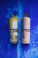Fire extinguishers on Blue Temple wall, Mingshan, Fengdu Ghost City, Fengdu, Yangtze River, Chongqing Province, China Fine Art Print