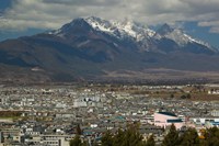 High angle view of buildings in the new town towards Jade Dragon Snow Mountain, Lijiang, Yunnan Province, China Fine Art Print