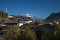 High angle view of houses and Jade Dragon Snow Mountain viewed from Mu Family Mansion, Old Town, Lijiang, Yunnan Province, China Fine Art Print