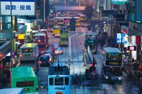 Traffic on a street at night, Des Voeux Road Central, Central District, Hong Kong Island, Hong Kong Fine Art Print