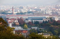 Aerial view of city and Michelin tire factory from Parc de Montjuzet, Clermont-Ferrand, Auvergne, Puy-de-Dome, France Fine Art Print