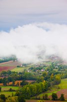 Elevated view of the Cerou Valley from Place de la Bride in fog, Cordes-sur-Ciel, Tarn, Midi-Pyrenees, France Fine Art Print