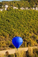 Elevated view of hot air balloon over Dordogne River Valley, Castelnaud-la-Chapelle, Dordogne, Aquitaine, France Fine Art Print