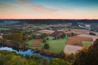Elevated view of the Dordogne River Valley in fog from the Belvedere de la Barre at dawn, Domme, Dordogne, Aquitaine, France Fine Art Print