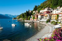 Houses at waterfront with boats on Lake Como, Varenna, Lombardy, Italy Fine Art Print