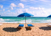Lounge chairs and beach umbrella on the beach, Fort Lauderdale Beach, Florida, USA Fine Art Print