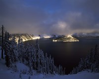 Wizard Island at Crater Lake in winter, Crater Lake National Park, Oregon, USA Fine Art Print