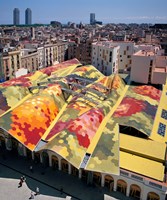 High angle view of Santa Caterina Market with cityscape in the background, Barcelona, Catalonia, Spain Fine Art Print