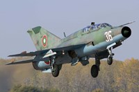 A Bulgarian Air Force MiG-21UM jet fighter taking off Fine Art Print